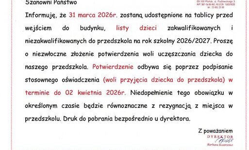informacja o konieczności złożenia przez Rodziców woli zapisu dziecka do przedszkola do 2 kwietnia 2026